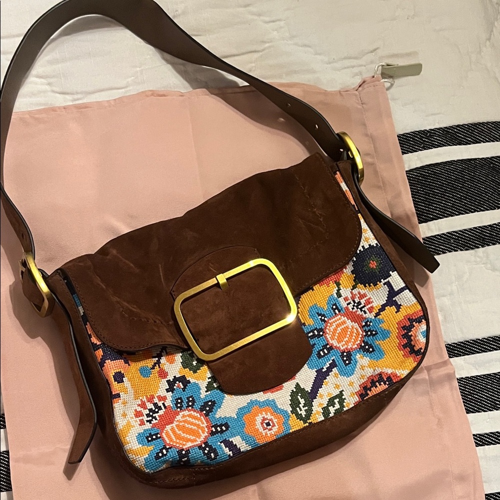 Tory Burch Brown Suede Floral Needlepoint Shoulder Bag